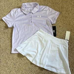 Under Armour Girls Size 6 Athletic Outfit Set Purple Polo & White Skort NWT